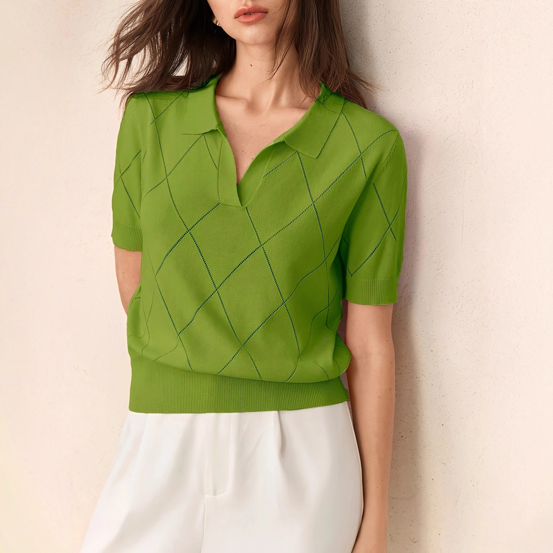 Women's Polo-Neck Diamond-Knit Short-Sleeve Pullover