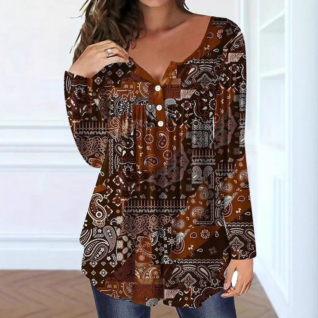 Loose-fit Buttoned V-neck Top Women's T-shirt