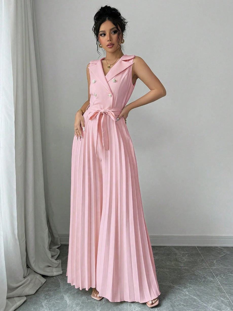 Suit Collar Bow Tie Belted Waist Pleated Jumpsuit