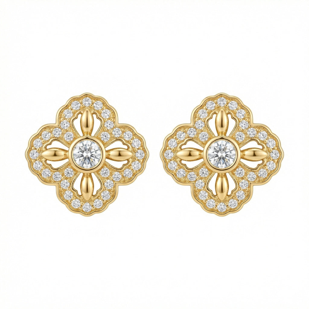 925 Sterling Silver Elegant Quatrefoil Diamond Stud Earrings with Vintage-Inspired Scalloped Edges
