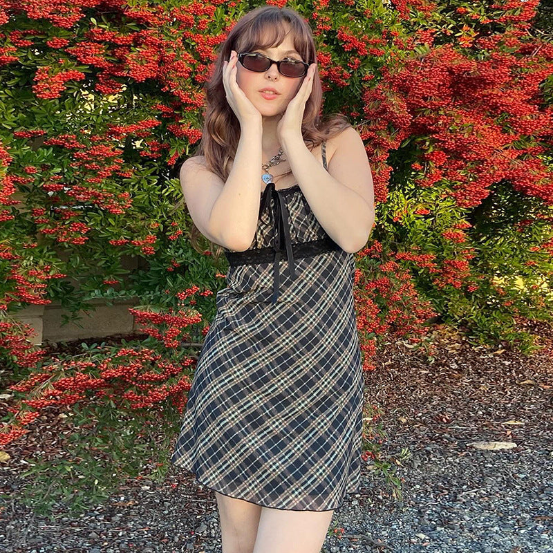 Halter-neck Plaid Slip Dress