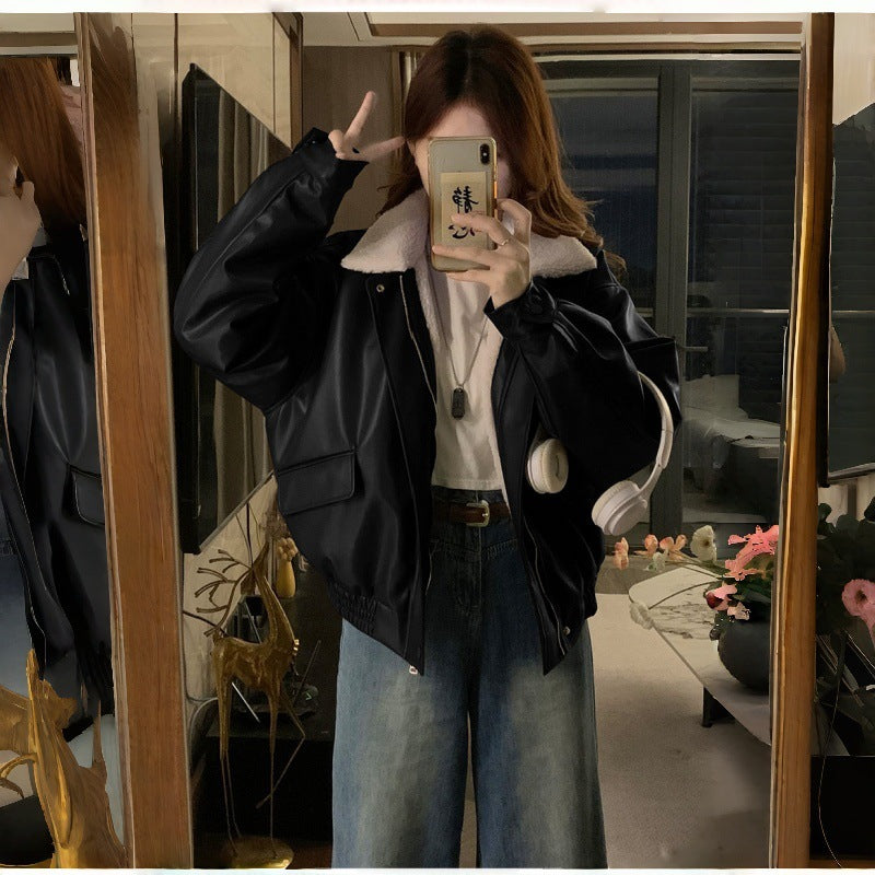 Women's Winter Lamb Fur Lapel Versatile Jacket Top