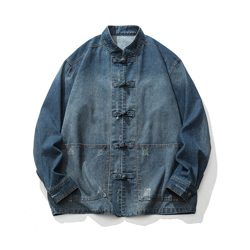 Retro Frog-Button Denim Shirt Unisex Stand-Up Collar Casual Jacket