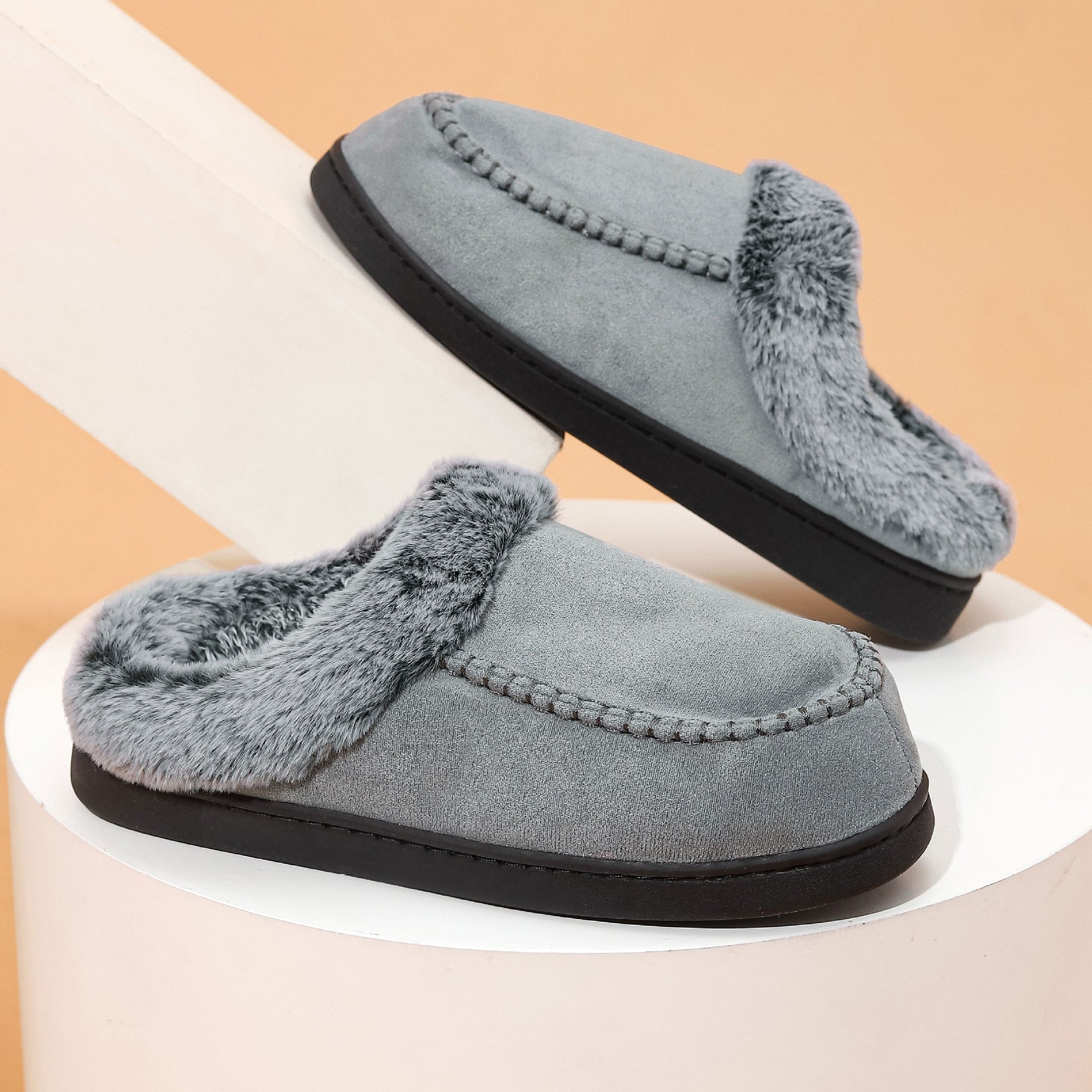 Men's Faded-Edge Mark Shoes WarmIndoor-Outdoor Fleece-LinedNon-Slip Thickened Cotton Slippers