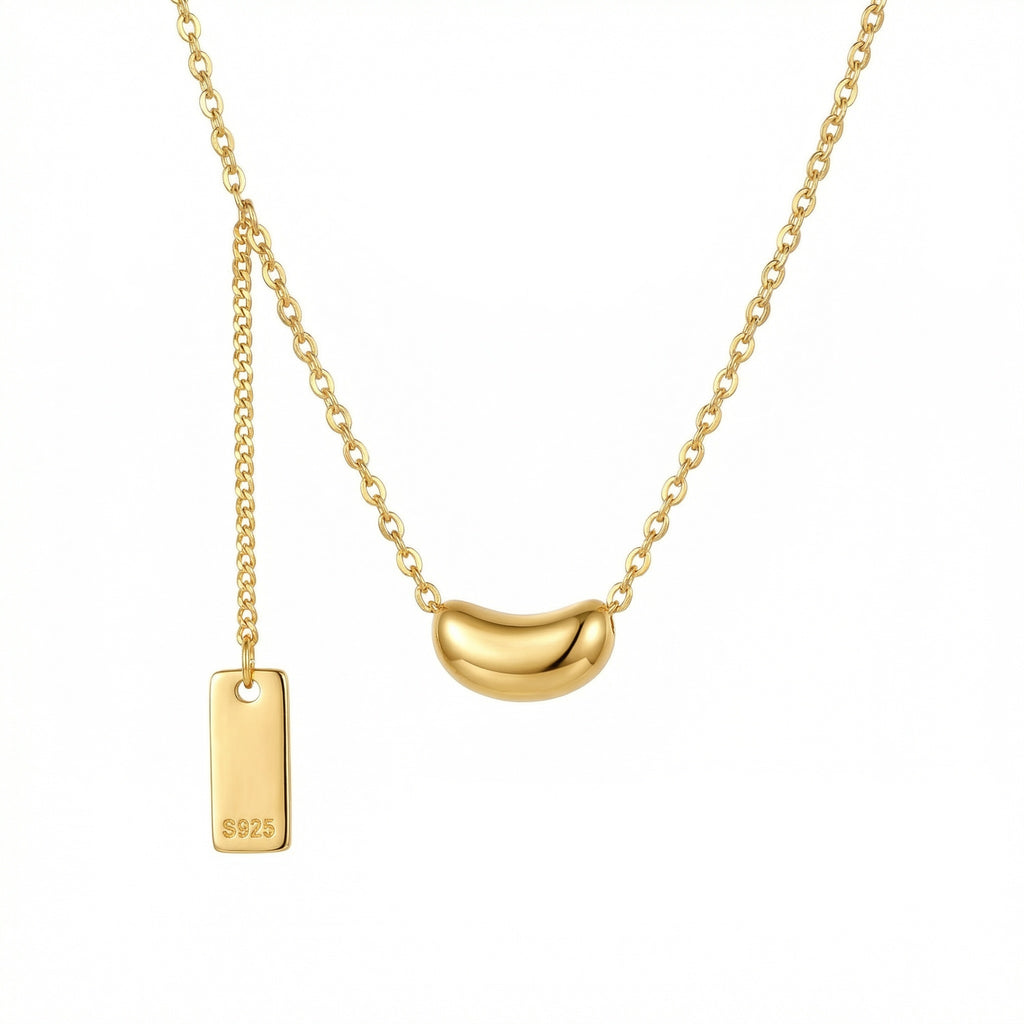 925 Sterling Silver Minimalist Sterling Silver Bean Pendant Necklace with Dainty Chain and S925 Hallmark Tag