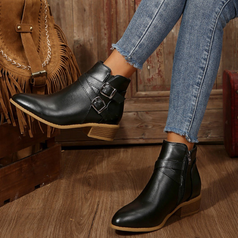 Fashionable Chunky-Heel Leather Belt-Clasp Side-Zip Ankle Boots