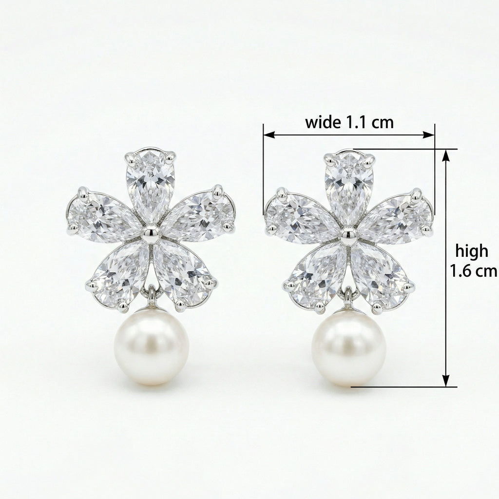925 Sterling Silver Elegant Pear-Cut Crystal Flower and Pearl Drop Earrings