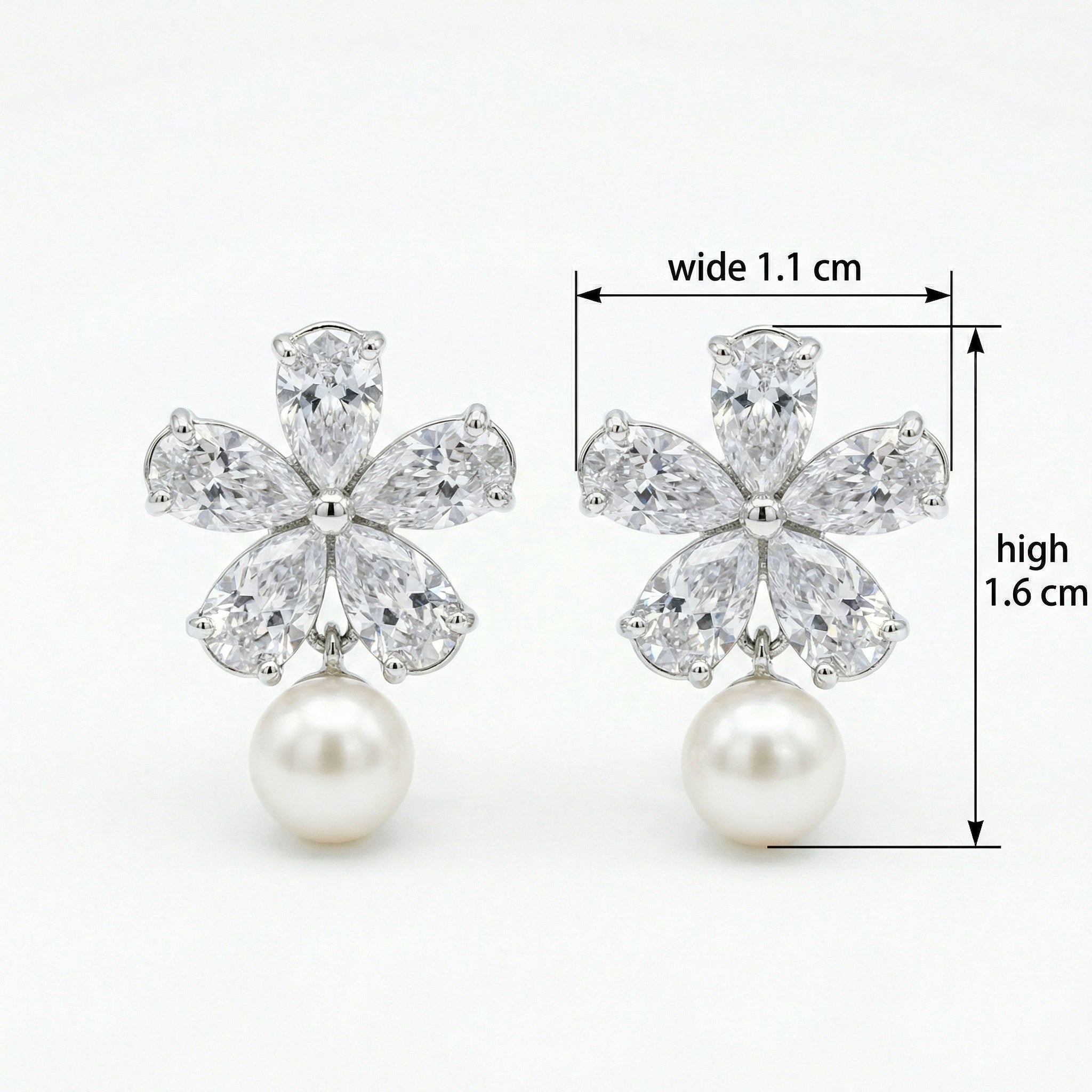 925 Sterling Silver Elegant Pear-Cut Crystal Flower and Pearl Drop Earrings