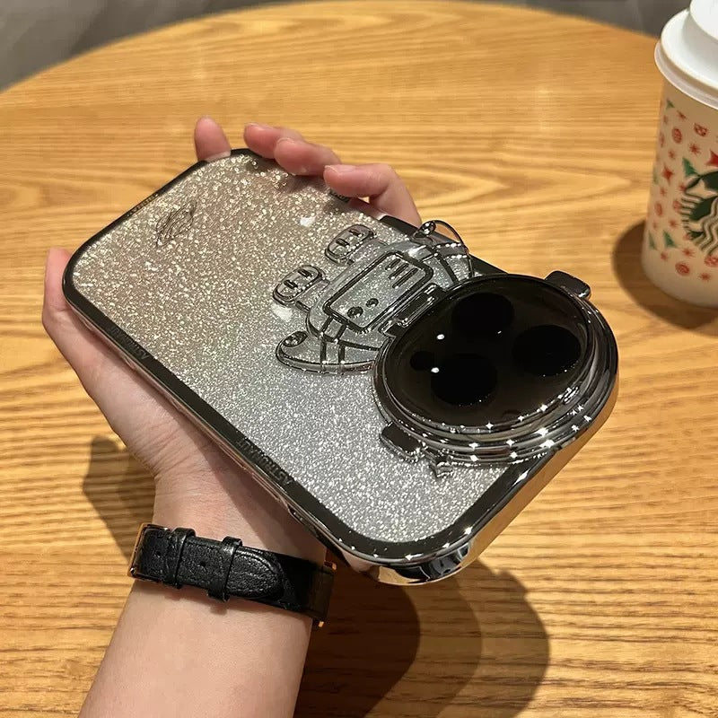 Custodia per telefono con supporto per fotocamera Astronauta glitterata per I14 13 12 11 Pro Max XR 14 Plus, supporto per obiettivo invisibile, placcatura morbida