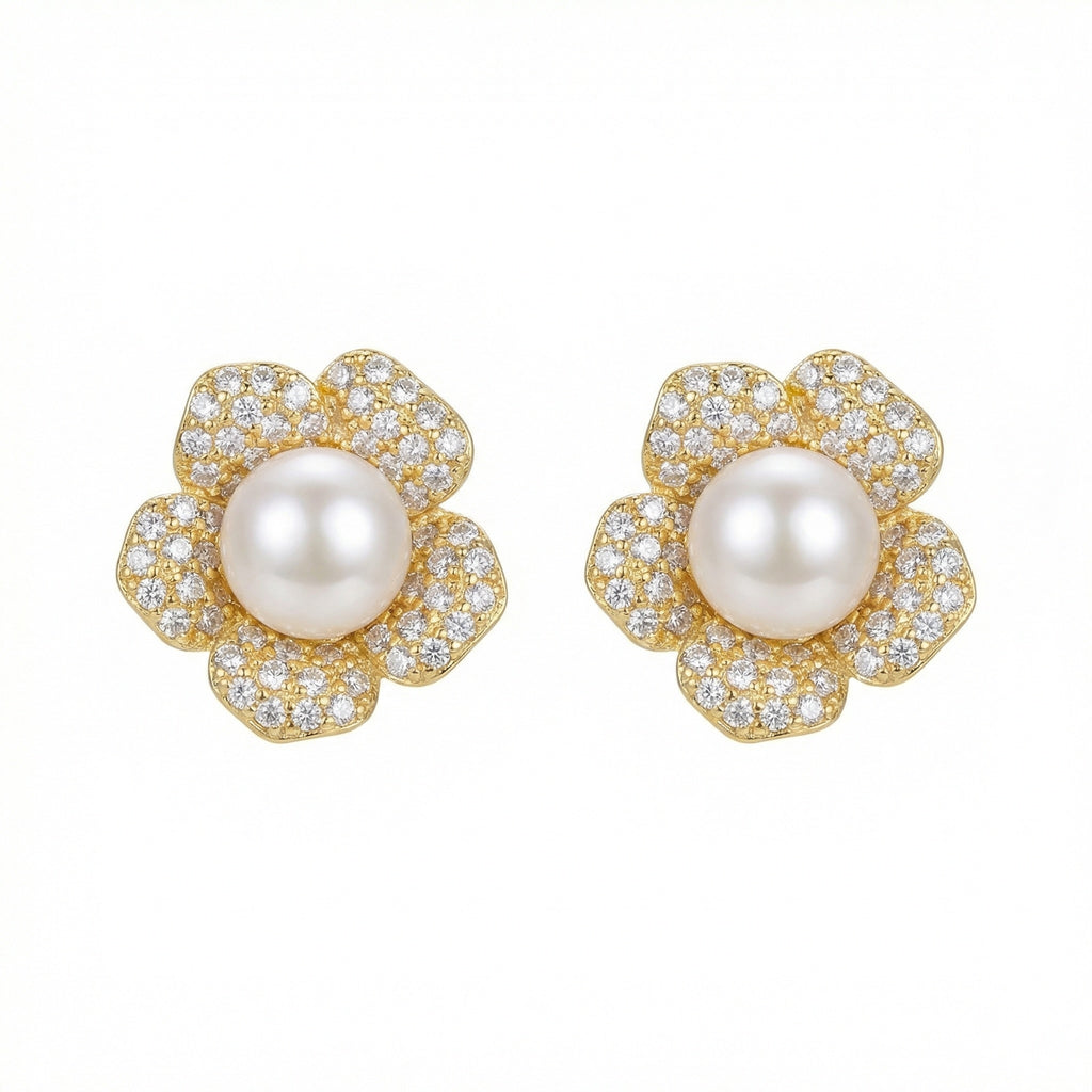 925 Sterling Silver Elegant Flower-Shaped Cultured Pearl and Sparkling Cubic Zirconia Stud Earrings
