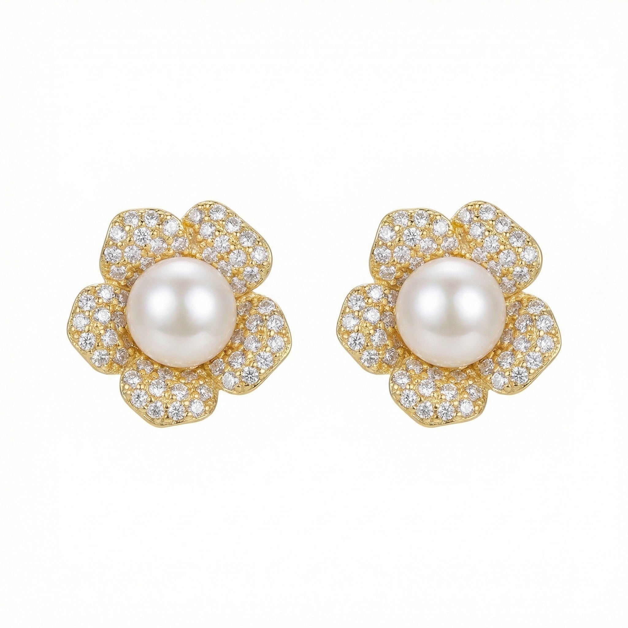 925 Sterling Silver Elegant Flower-Shaped Cultured Pearl and Sparkling Cubic Zirconia Stud Earrings