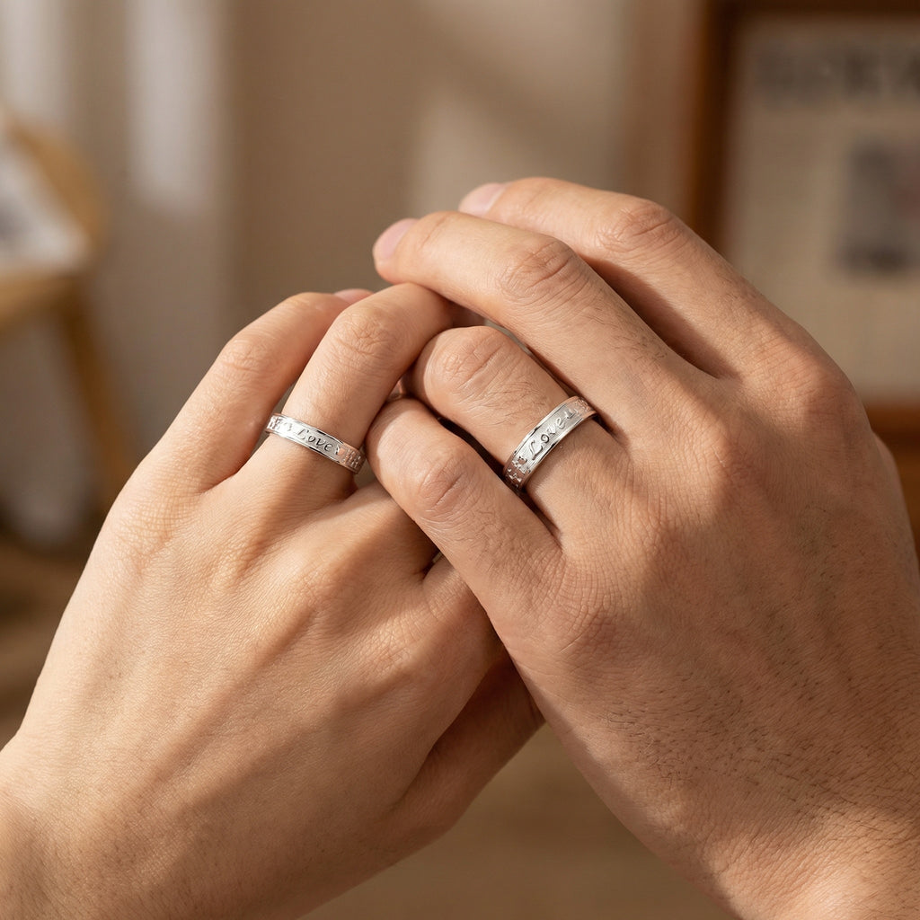 925 Sterling Silver Romantic Silver Couple Rings with "Love" and Heart Engravings