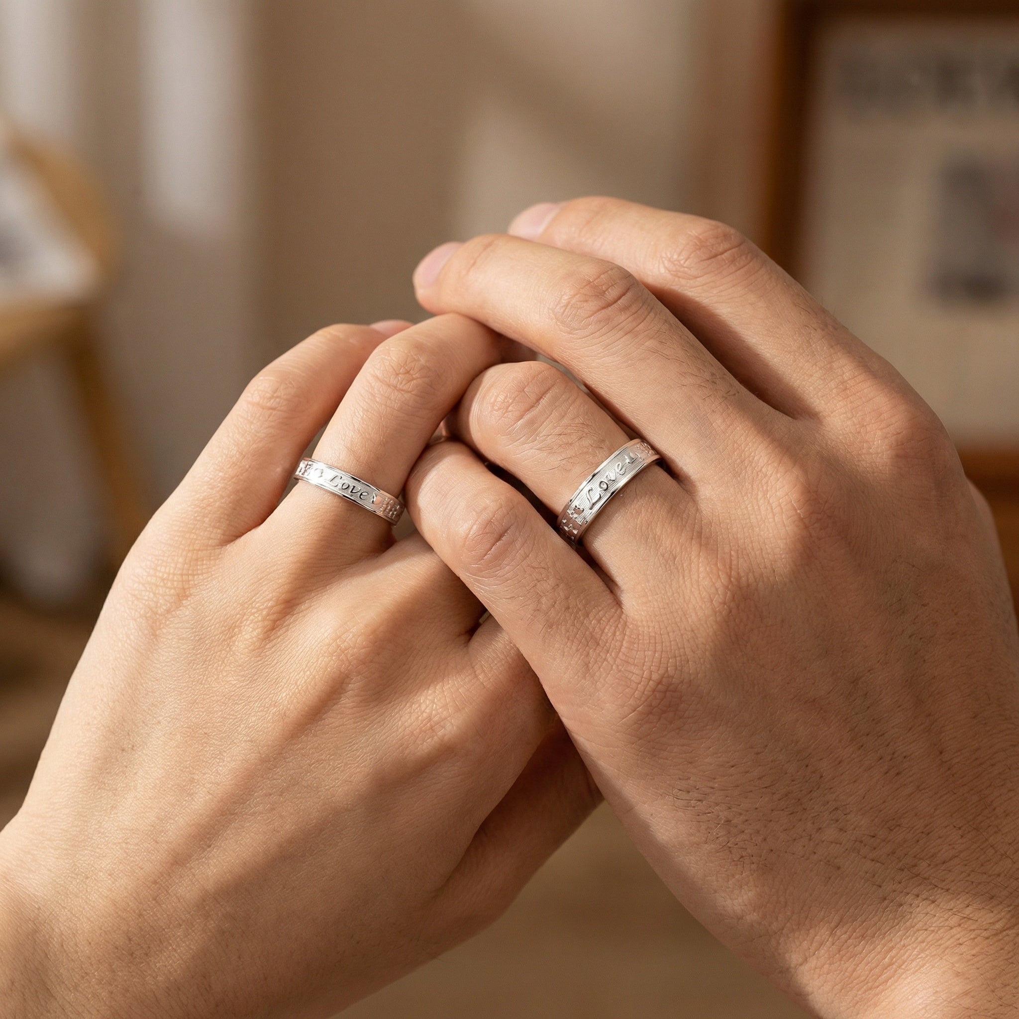 925 Sterling Silver Romantic Silver Couple Rings with "Love" and Heart Engravings