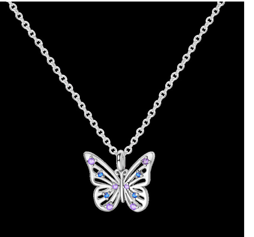 S925 Sterling Silver Colorful Zircon Butterfly Necklace Simple And Versatile