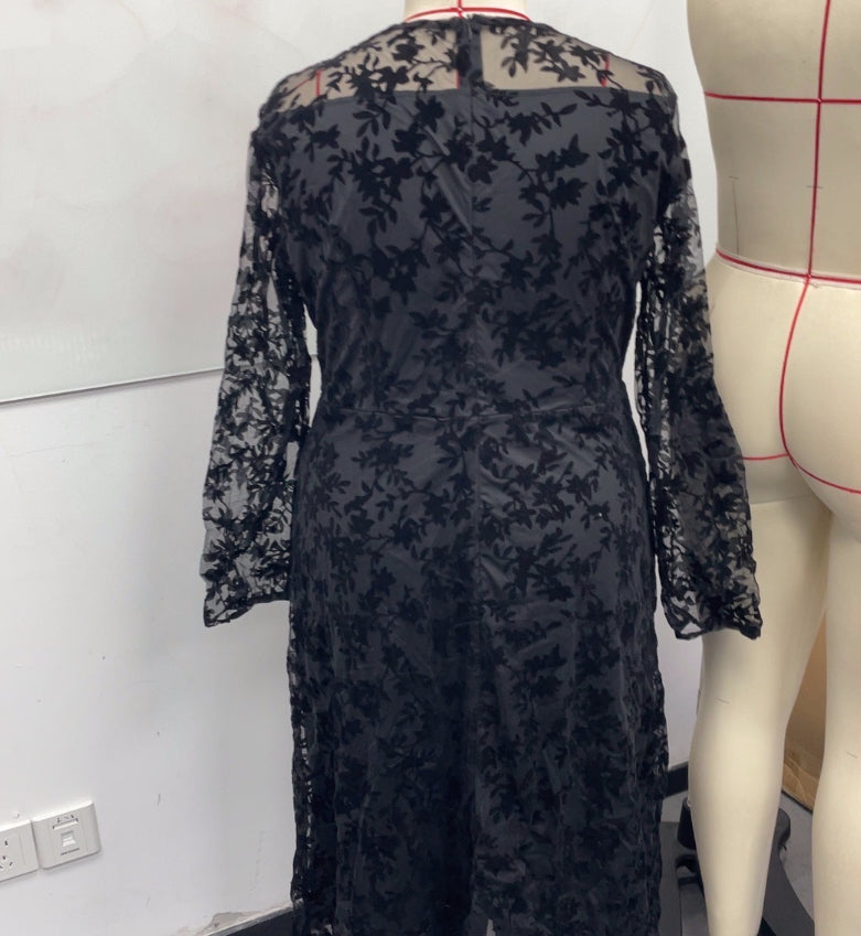 Womens Square-Neck Lace Jacquard Long-Sleeve Dress With Ties