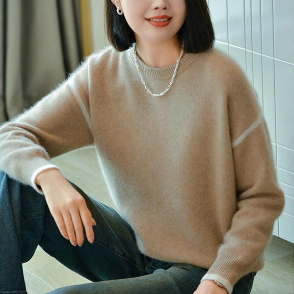 Women's Crew-neck Contrast-color Knit Loose Sweater