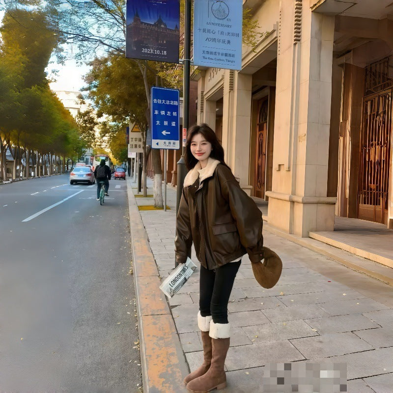 Women's Winter Lamb Fur Lapel Versatile Jacket Top