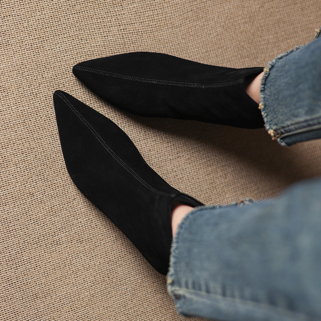Cowhide Suede Pointed-toe Ankle Boots For Women