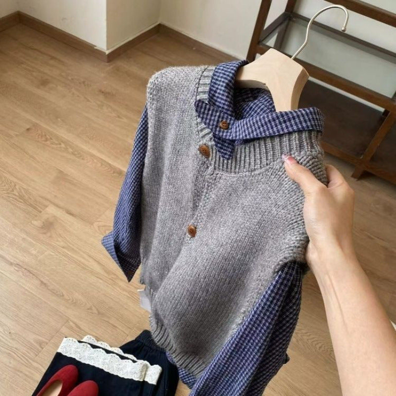 Blue Plaid Shirt Knitted Vest Two-piece Casual