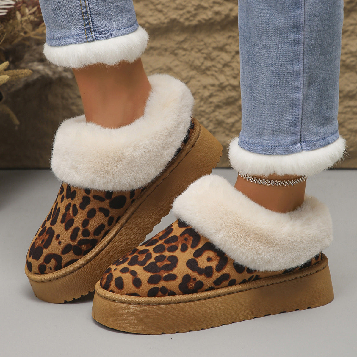 New Stylish And Chic Leopard-print French-style Velvet-lined Warm Thick-soled Cotton Shoes