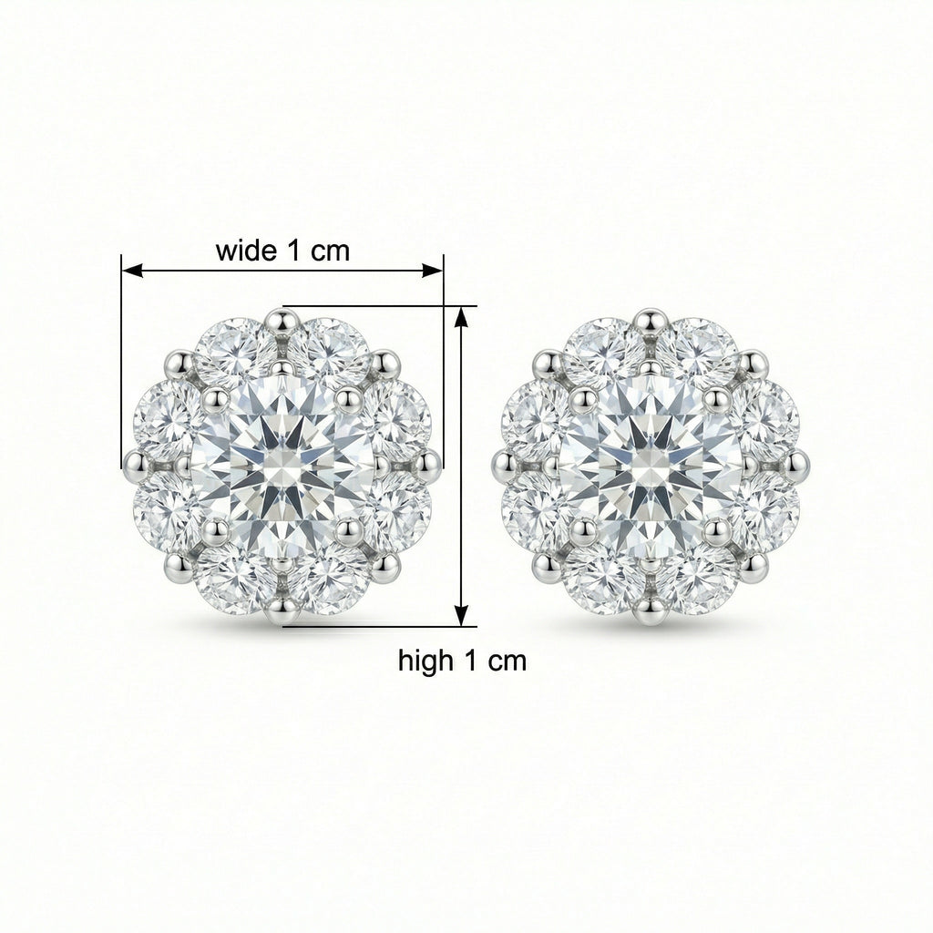 925 Sterling Silver Elegant Round Brilliant Diamond Halo Stud Earrings in Polished White Metal