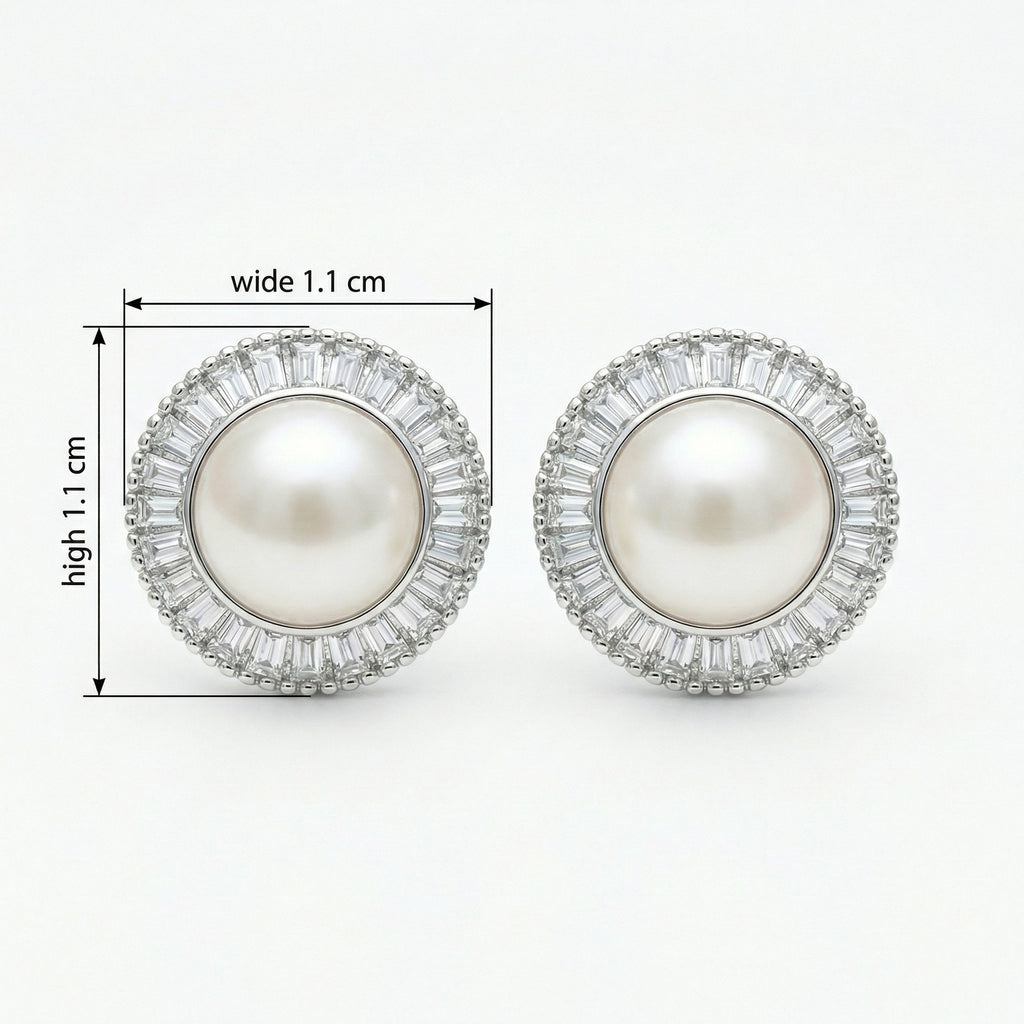 925 Sterling Silver Classic White Pearl Stud Earrings with Sparkling Baguette Halo in Sterling Silver