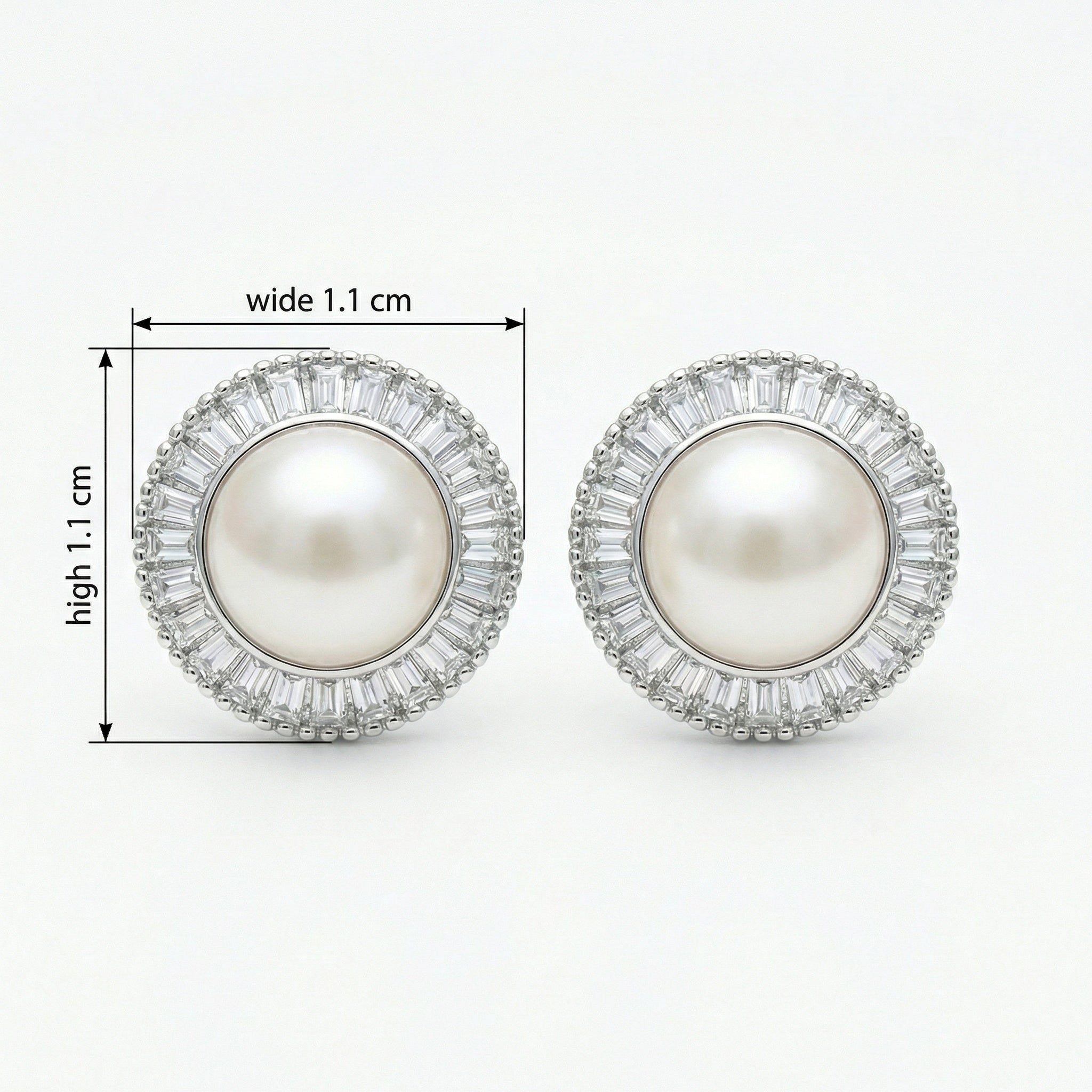 925 Sterling Silver Classic White Pearl Stud Earrings with Sparkling Baguette Halo in Sterling Silver