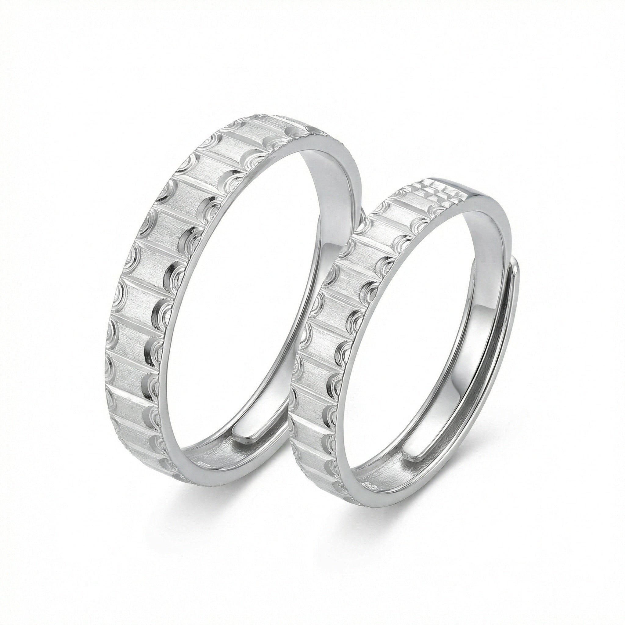 925 Sterling Silver Elegant Adjustable Sterling Silver Couple Rings with Geometric Textured Design
