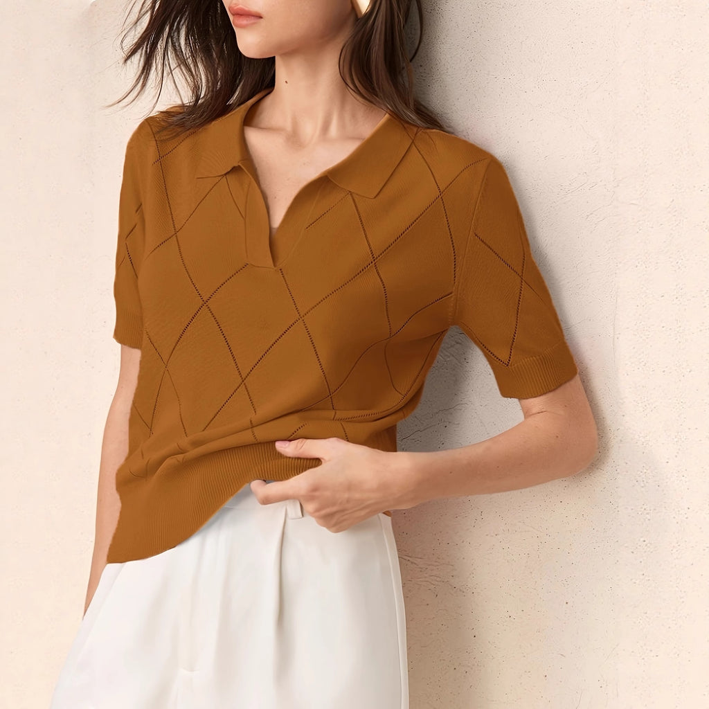 Maglione da donna a maniche corte con collo alto e lavorazione a rombi