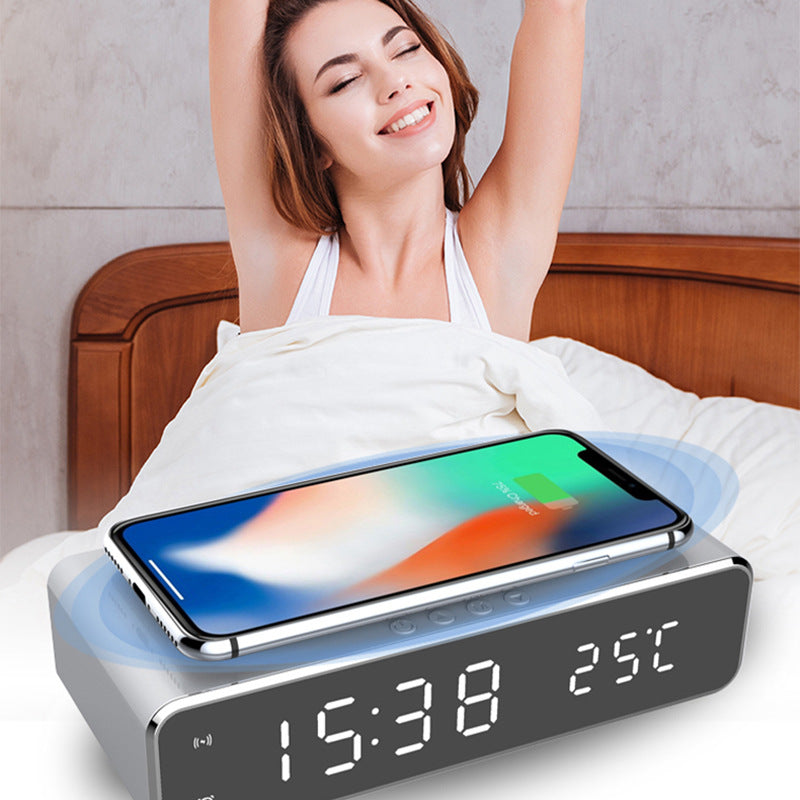 Sveglia elettrica a LED con caricabatterie wireless, orologio digitale da tavolo, termometro, orologio HD con specchio, orologio da tavolo, decorazione