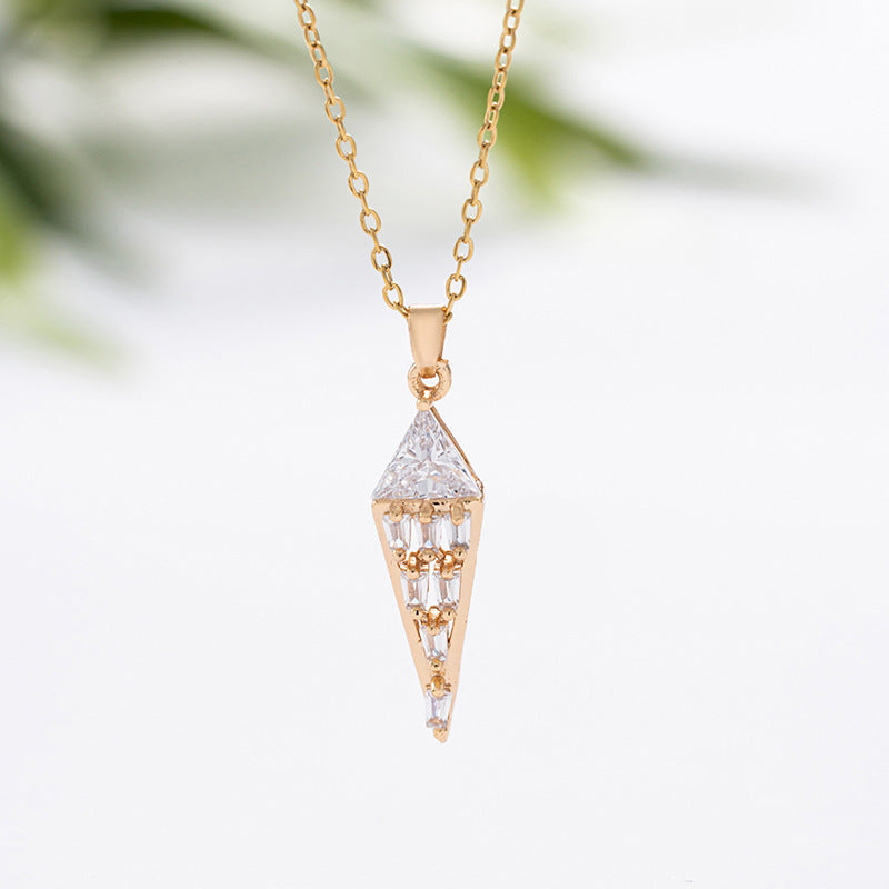 Womens Diamond-Shaped Triangle Zircon Titanium Steel Necklace