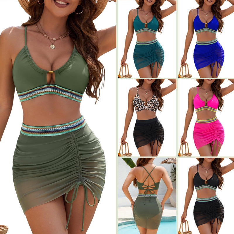 Personalized Solid Color European And American Style Fashionable Sexy Mesh-Patchwork Split Womens Bikini Swimsuit