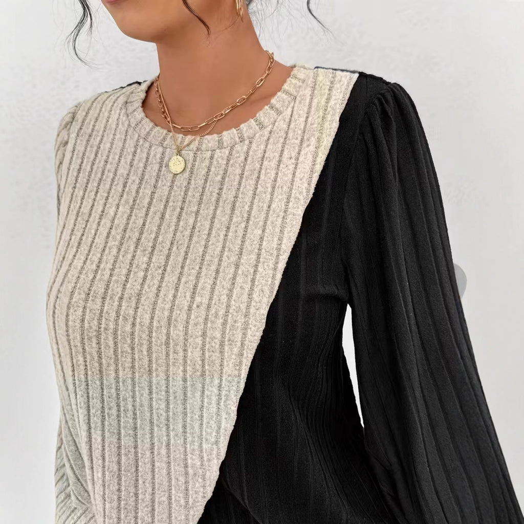 Women's Set Crew-neck Colorblock Top With Asymmetrical Hem Straight-leg Trousers