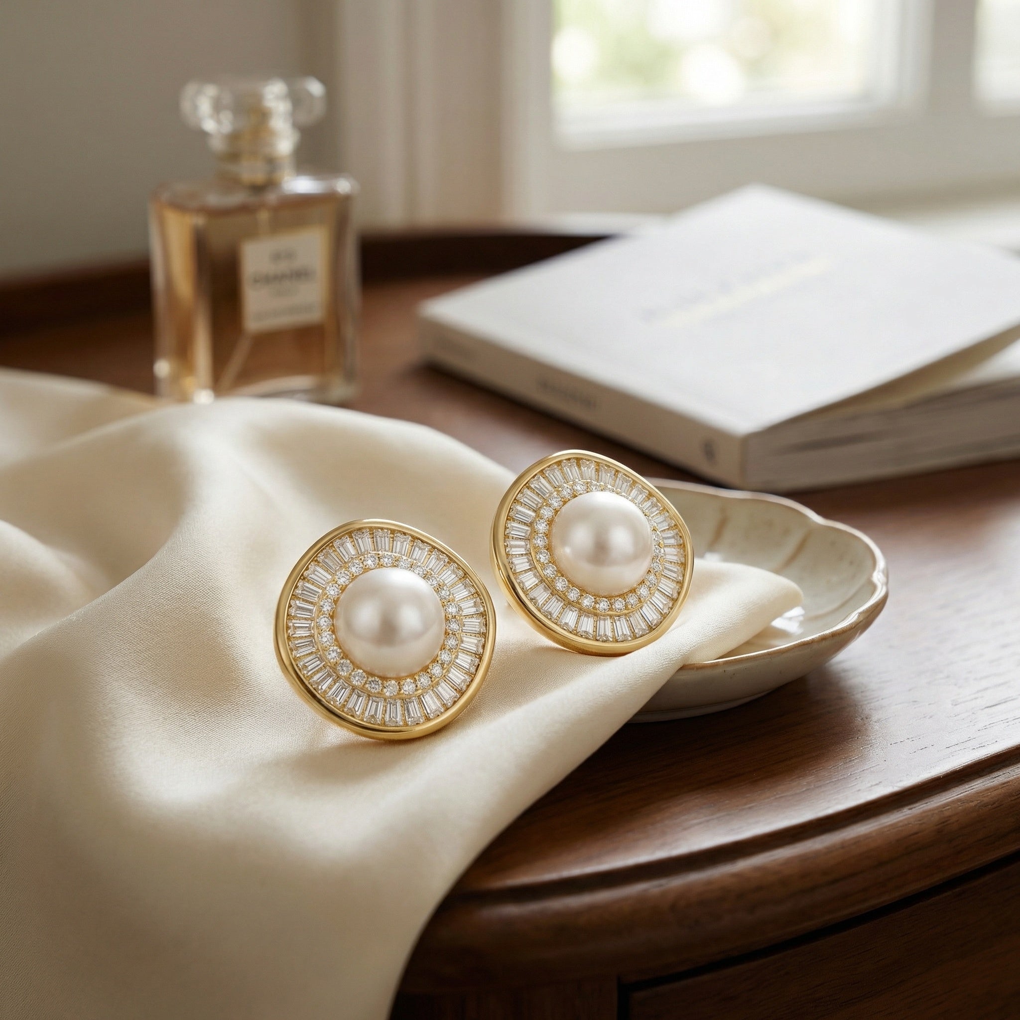 925 Sterling Silver Elegant Pearl Stud Earrings with Baguette and Round Diamond Sunburst Halo