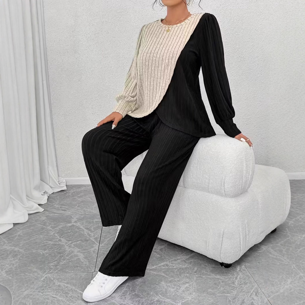 Women's Set Crew-neck Colorblock Top With Asymmetrical Hem Straight-leg Trousers