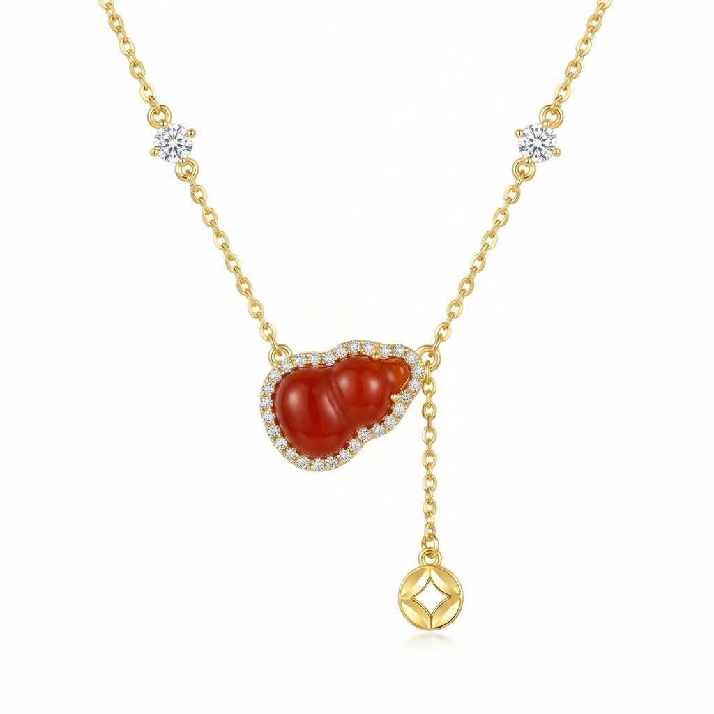 925 Sterling Silver Elegant Red Carnelian Hulu Pendant Necklace with Shimmering Accents and Coin Charm