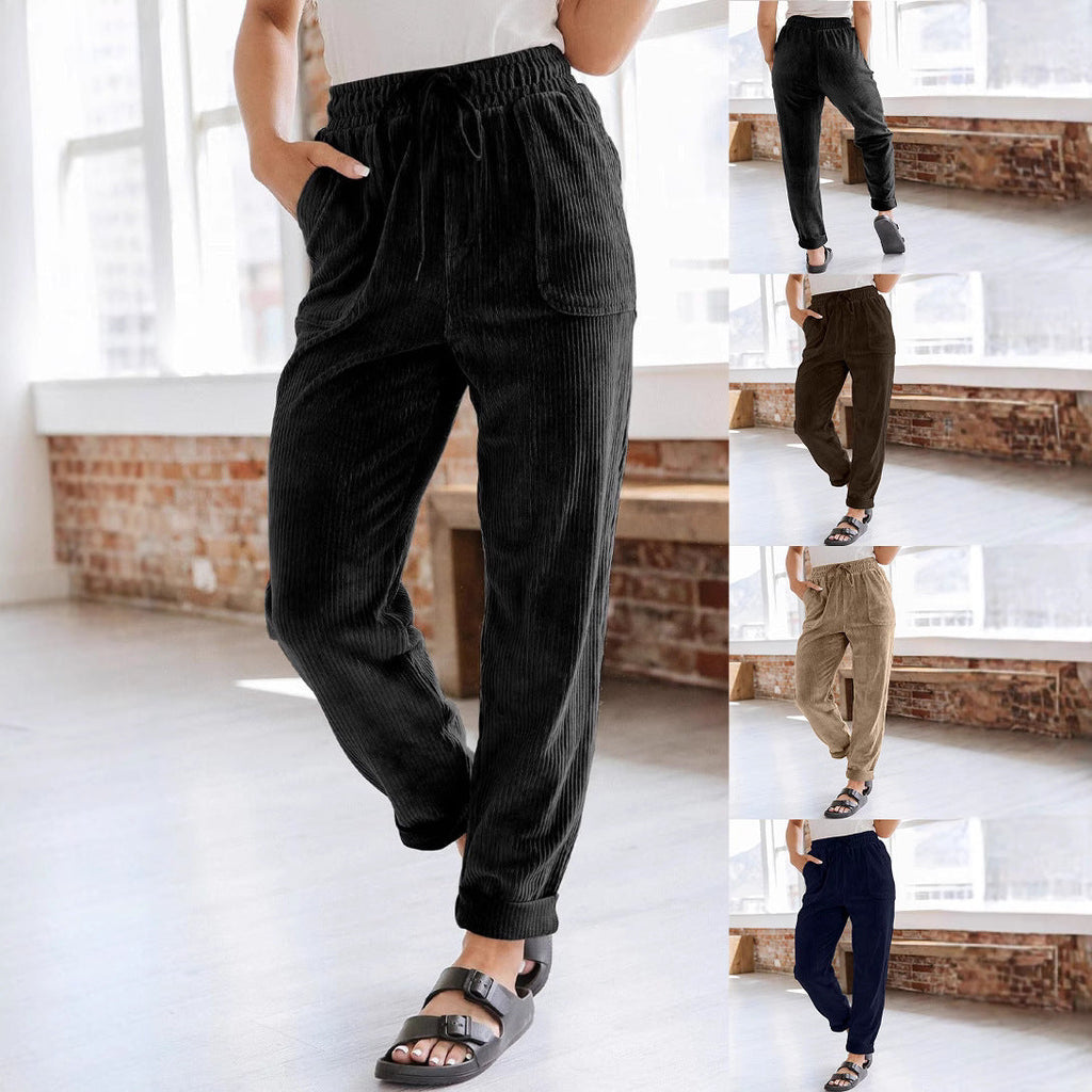 European And American Casual Pants Fashion Solid Color Corduroy Wide-leg Pants Women's Pants TRENDFLOW