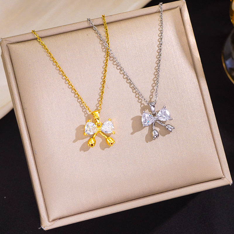 Womens Diamond-studded Titanium Steel Necklace With A Bow Design