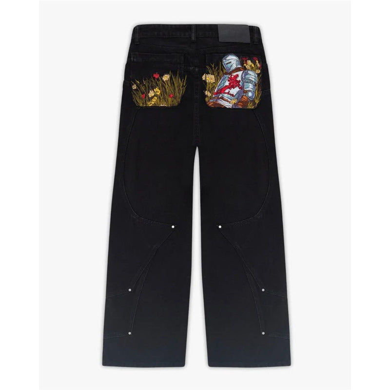 Black Jeans With Embroidered Silver Knight Armor