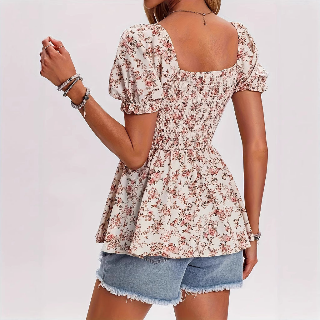 Women's Casual Square Neck Smocked Floral Vacation Blouse