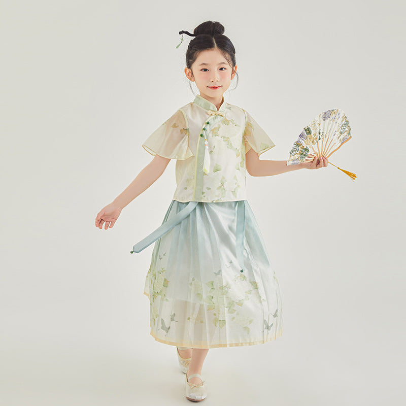 Girls Chinese Style Traditional Short Sleeve Horse-face Skirt Kids Clothes Two-piece Suit