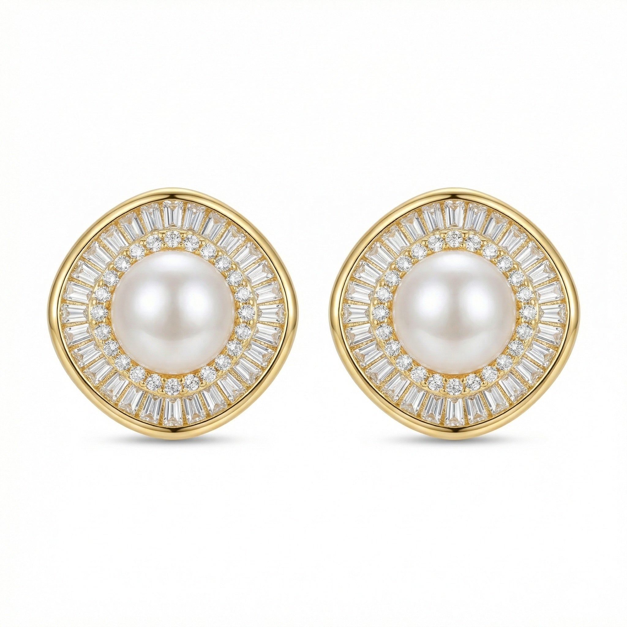 925 Sterling Silver Elegant Pearl Stud Earrings with Baguette and Round Diamond Sunburst Halo