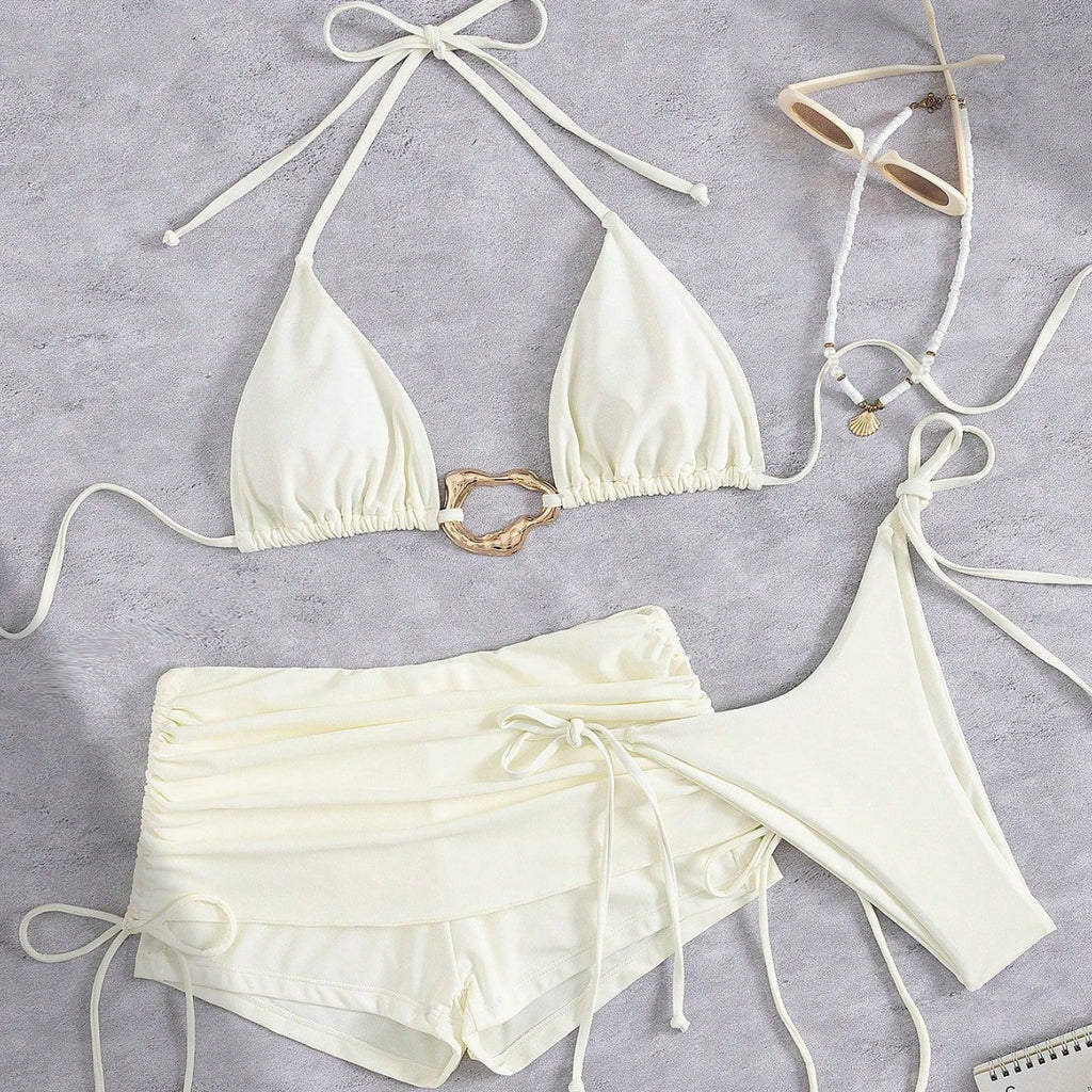 European And American Style Three-Piece Bikini Set Retro Solid-Color Lace-Up Womens Swimsuit