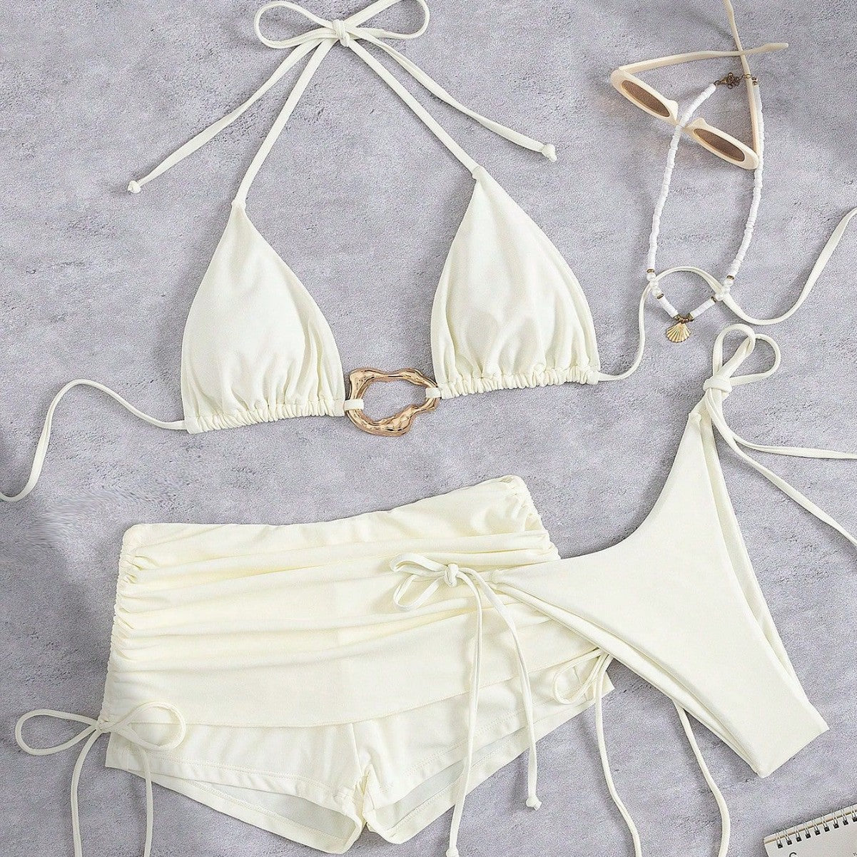 European And American Style Three-Piece Bikini Set Retro Solid-Color Lace-Up Womens Swimsuit