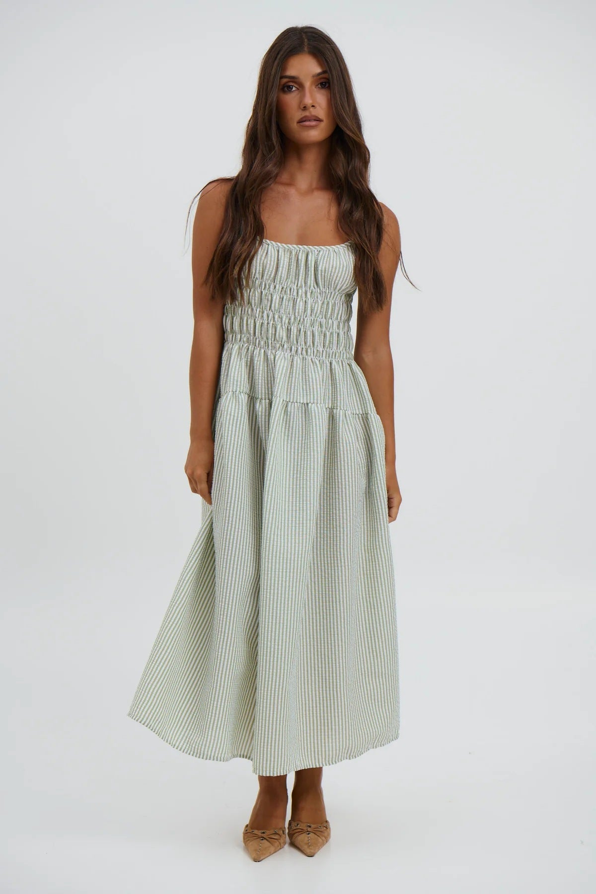 Women's Striped Strappy Waist-Cinching Slimming Dress