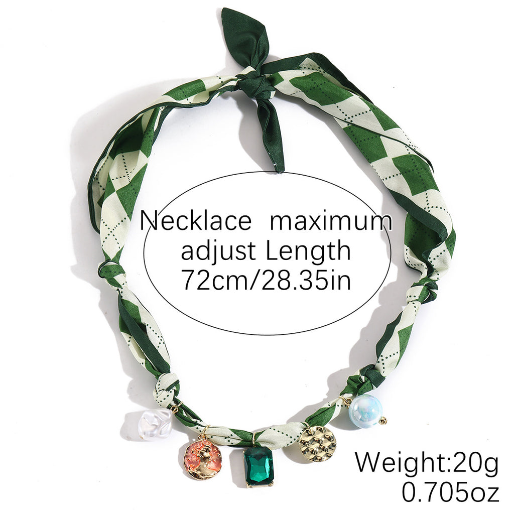 Long Strip Fabric Pearl Colored Silk Scarf Necklace
