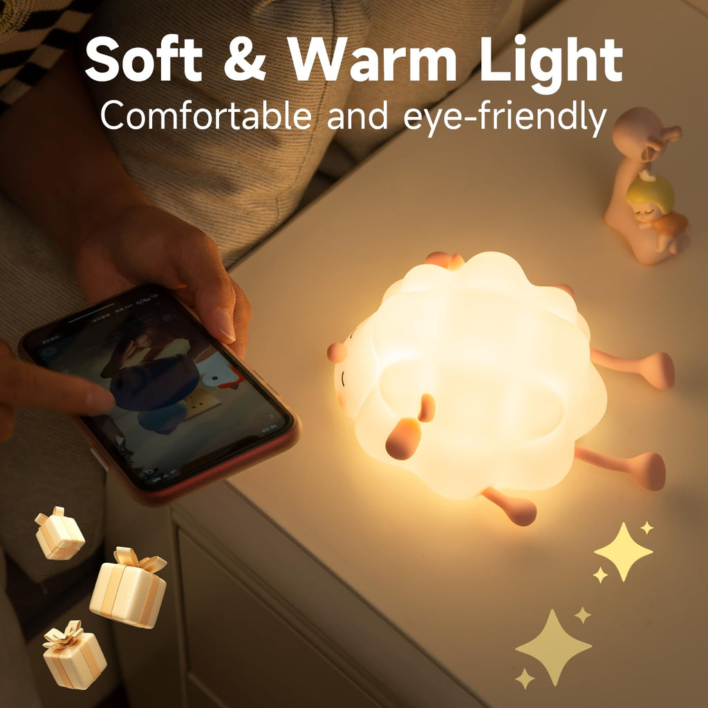 Simpatiche luci notturne in silicone a forma di pecora, lampada da camera da letto per bambini, decorazione per la cameretta, luce notturna ricaricabile con regolazione del tempo e dell'intensità luminosa