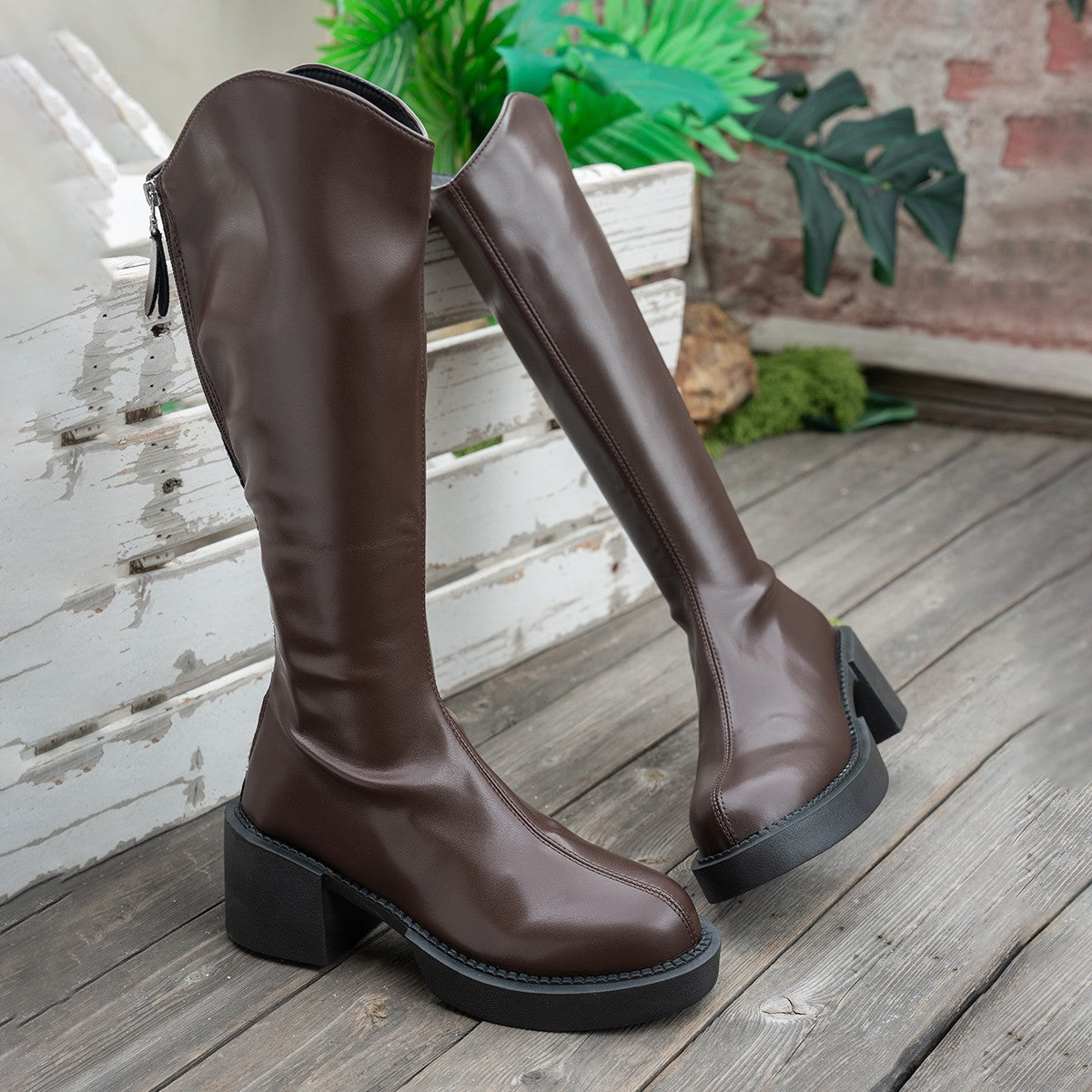 Chunky Heeled Figure Flattering European And American Style Knee High Boots