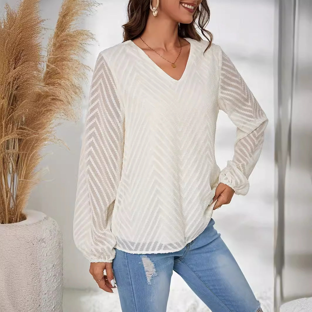 Women's Fashion V-Neck Geometric Jacquard Lantern Long Sleeve Shirt