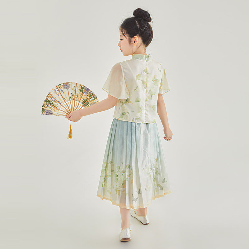 Girls Chinese Style Traditional Short Sleeve Horse-face Skirt Kids Clothes Two-piece Suit